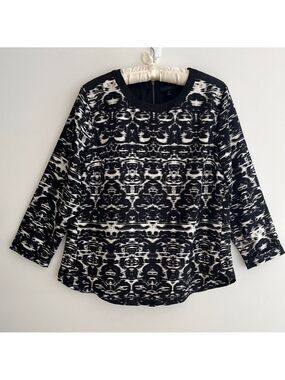 J. CREW Blouse Black & Cream Abstract Ikat Inspired Pattern Zip Back 3/4 Sleeves